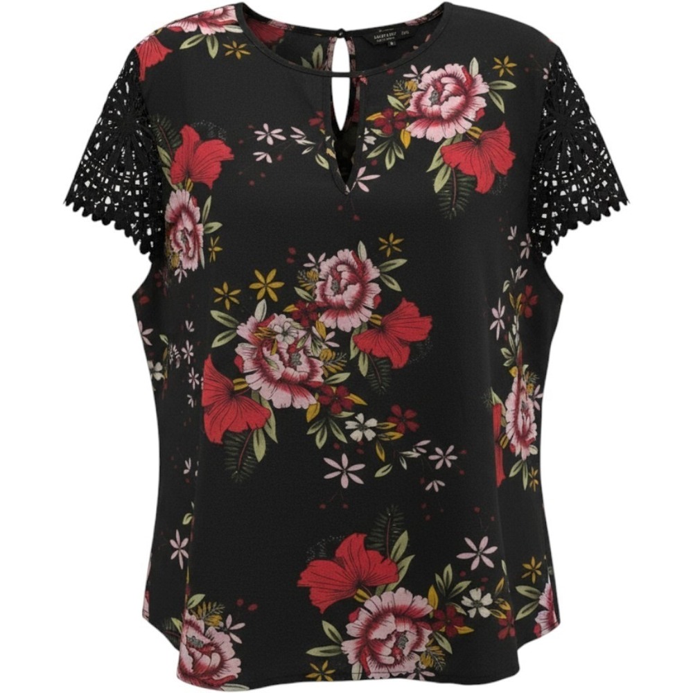 Shein Curve Blouse Womens 2XL Black Floral Crochet Lace Sleeve Keyhole Top